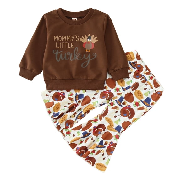Mrzhqd Kids Baby Girls Thanksgiving Day Outfits Set Turkey Ruffles Sweatshirt Tops Flare Pants Bottom Clothes Sets White 6-12 Months