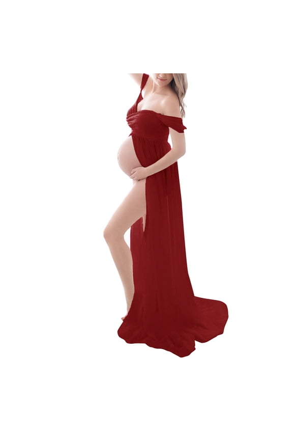 Ydojg Maternity Dress For Photoshoot Pregnants Maternity Photography Props Short Sleeve Solid Dress Red L