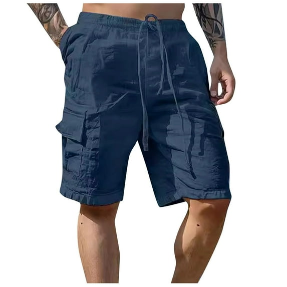 Mrzhqd Men Spring And Summer Pant Casual All Solid Color Painting Loose Plus Size Trouser Fashion Beach Pockets Short Navy M
