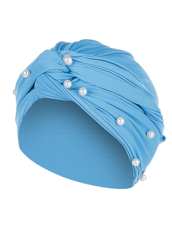 Ydojg Ruffle Beading Hat Turban Cap Pearl Women Wrap Baseball Caps Blue