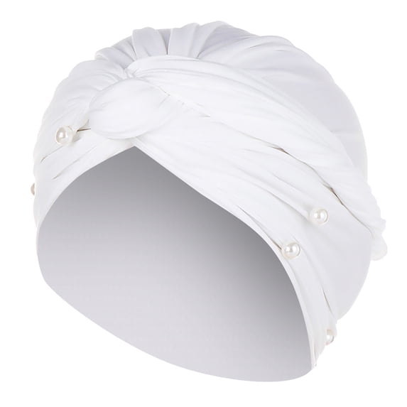 Bysome Ruffle Beading Hat Turban Cap Pearl Women Wrap Baseball Caps White
