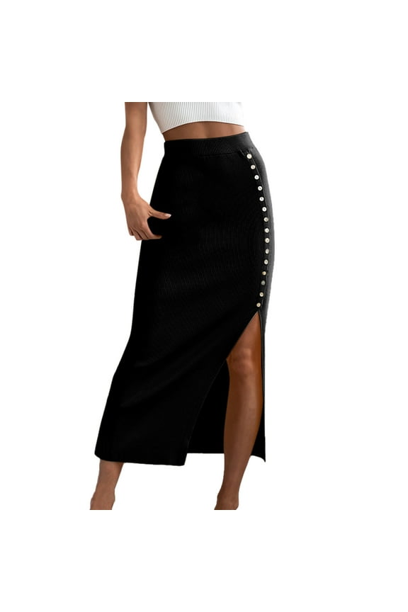 Ydojg Skirts For Women Ribbed Slim Black Tight Side Slit Button Down Skirt