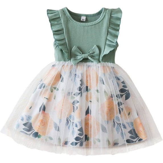Ydojg Summer Toddler Girls Dresses Child Tulle Pageant Dress Party Flowers Prints Bowknot Fly Sleeve Gown Dresses 2-3 Years