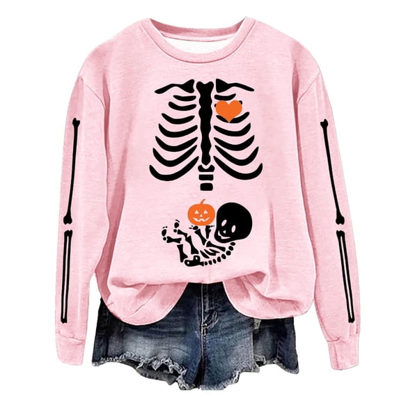 Ydojg Sweater Tops For Women Skull Print Casual Tops Crewneck Long Sleeve Pullover Fall Winter Womens Outfit Light Pink Xl