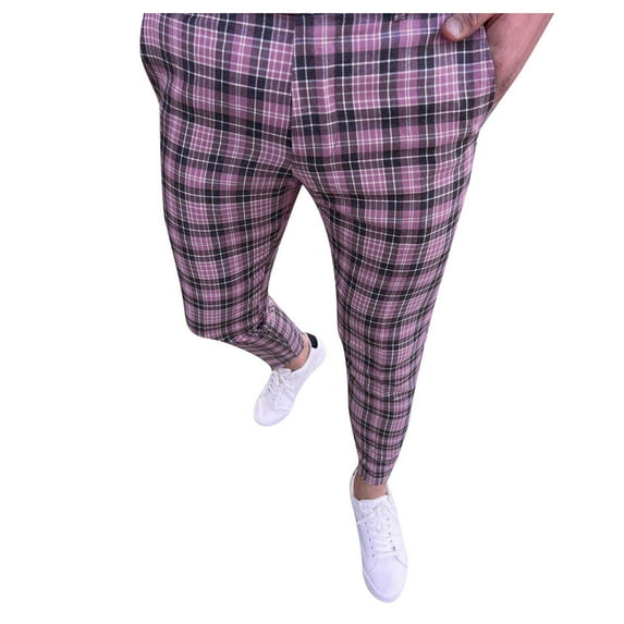 Ydojg Sweatpants For Men Fashion Plaid Printed Pocket Zipper Button Feet Pants Suit Pants Pink Xl