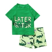 Ydojg Swimwear For Boys Toddler Summer Bathing Suit Letter Short Sleeve Swimwear Dinosaur Swim Green Cartoon Pattern Short Sleeved Swimsuit 3-4 Years