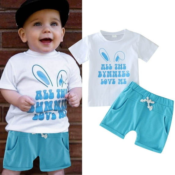 Ydojg Toddler Boys Easter Outfit Girls Easter Short Sleeve Cartoon Rabbit Printed T Shirt Pullover Tops Shorts Outfits 3-6 Months