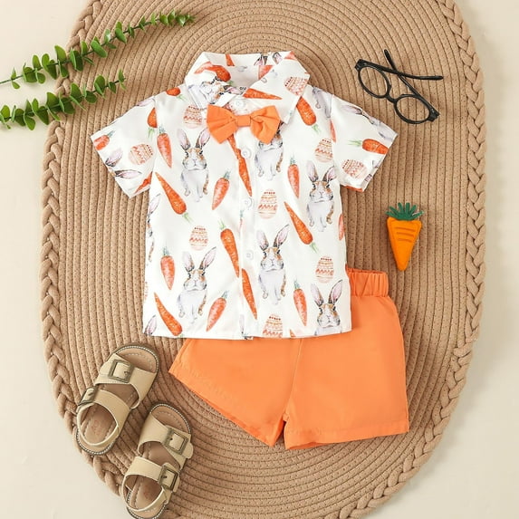 Ydojg Toddler Boys Easter Outfit Girls Short Sleeve Easter Rabbit Prints T Shirt Tops Shorts Gentleman Outfits 12-18 Months