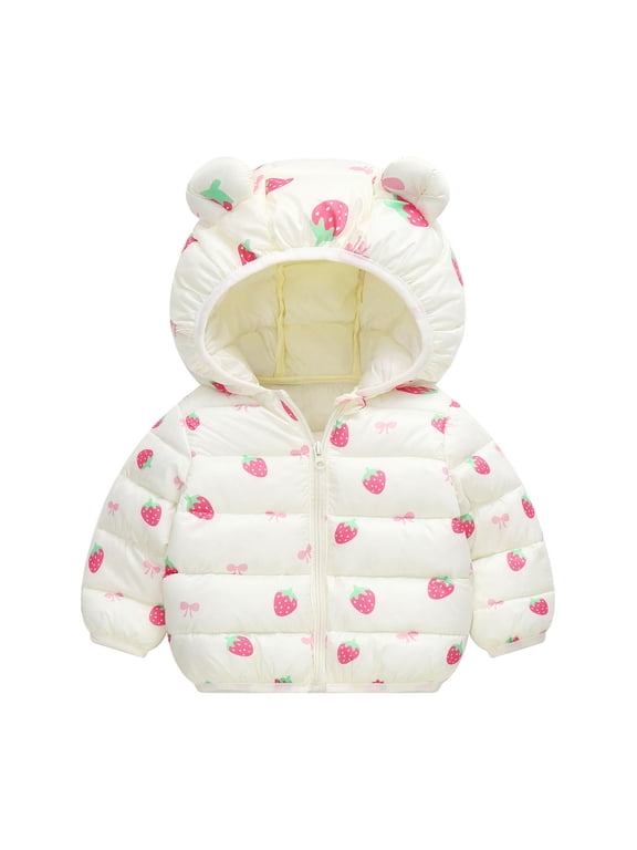 Toddler Boys Girls Long Sleeve Winter Warm Outwear Jacket Coat Bear Ears Cartoon Rabbit Dog Strawberry Print Coat Beige Size 18-24 Months