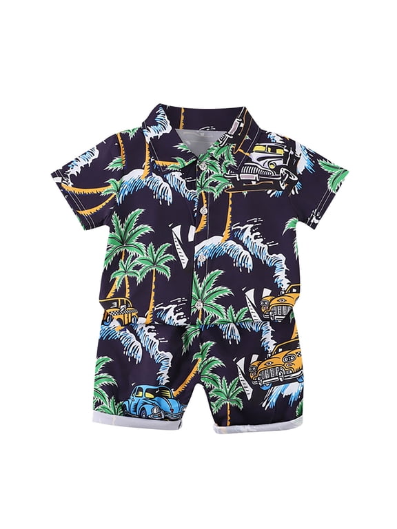Toddler Boys Outfit Set Baby Tropical Print Outfits Short Sleeve Button Down Shirt Swim Shorts Summer Set Casual Beach Boy Outfit Navy Size 0-3 Months