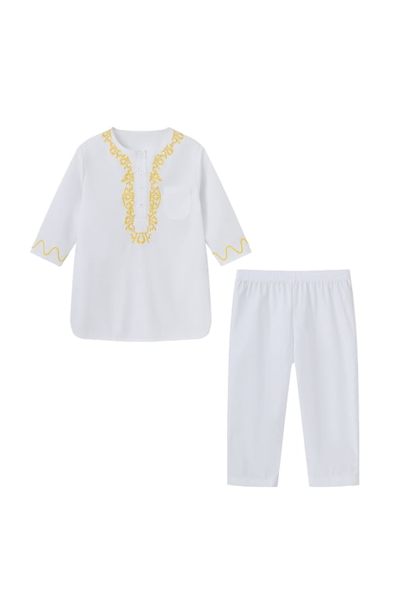 Ydojg Toddler Boys Outfit Set Long Sleeve Robe Suit Teenage Embroidered Robe Suit Arab Childrens Wear Outerwear White 3-4 Years