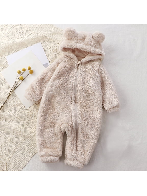 Ydojg Toddler Winter Outerwear Baby Girls Boys Cute Solid Long Sleeves Cartoon Bear Ears Footed Hooded Zipper Romper Warm Footie Jumpsuit Sleeper Pajamas Outfits