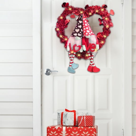 Mrzhqd Valentines Day Wreaths Signs For Front Door Heart Shaped Wreath With Doll Bows Artificial Decorative Wreath Luminous Cute Romantic Gift For Girlfriend Wife Wedding Valentines Day Decor