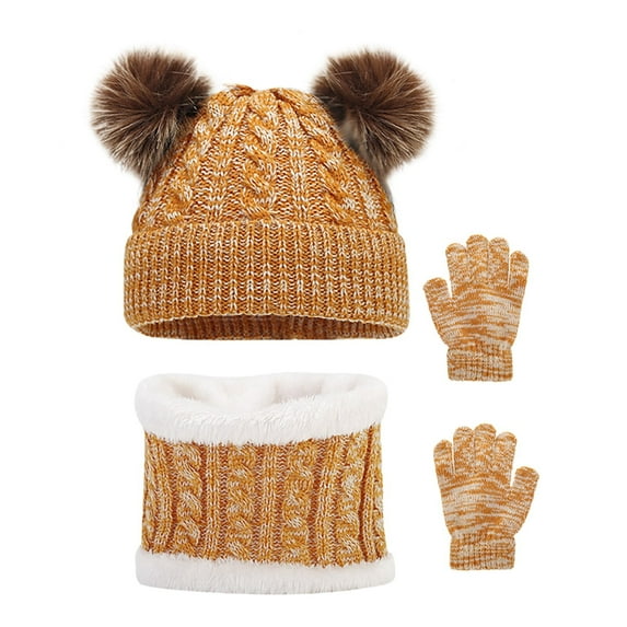 Ydojg Winter Kids Knitting Cute Solid Color Childrens Keep Warm Leather Label Hat Scarf Glove Set For 1-7 Years