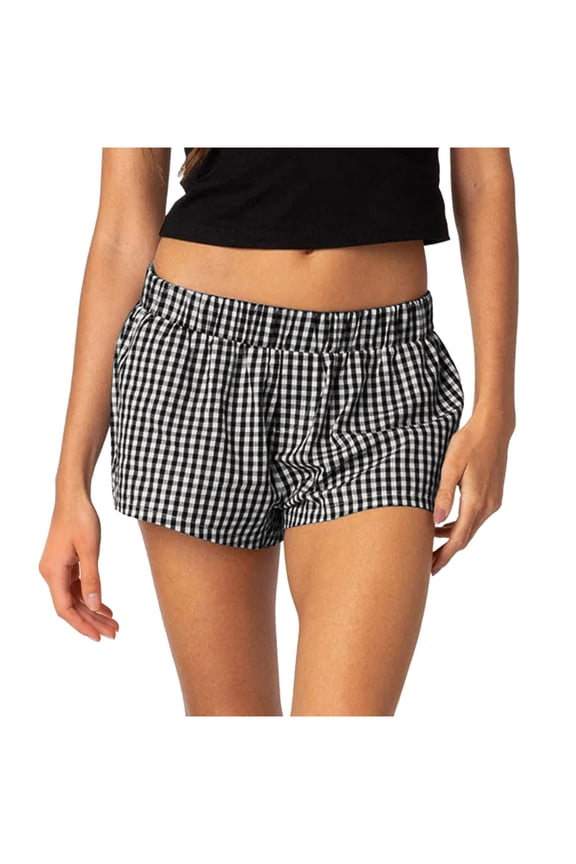Women Shorts Summer Casual Loose Checkered Shorts Pants Black S