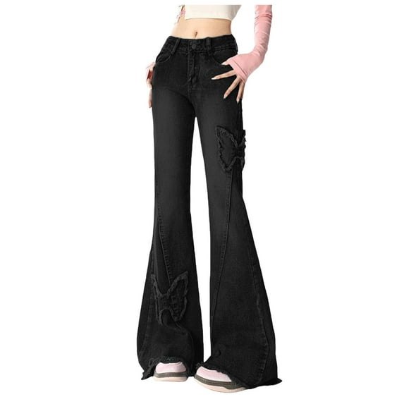 Mrzhqd Womens Casual Pants Flare Jeans Butterfly Low Rise Jeans Vintage Distressed Vintage Baggy Pants Black Xl