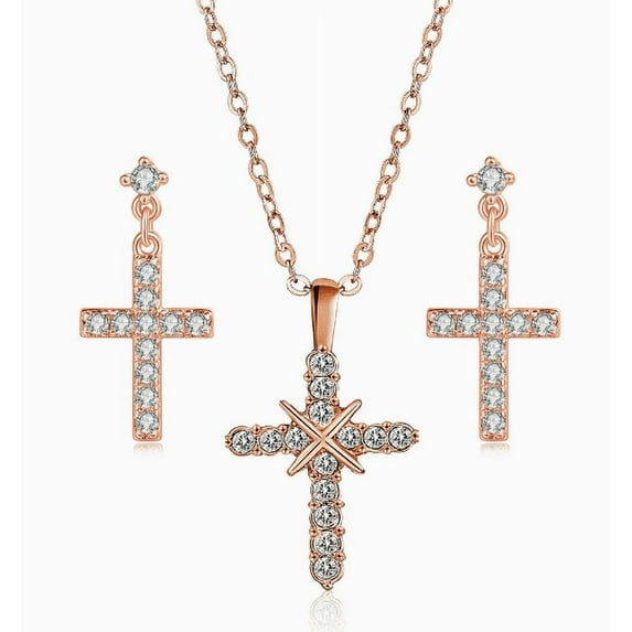Ydou 14K Gold Plated Cross Necklace and Earring Set for Women - Cubic Zirconia Faith Jewelry Sets with Cross Pendant Stud Earrings for Women Mom Birthday Aniversary Gift
