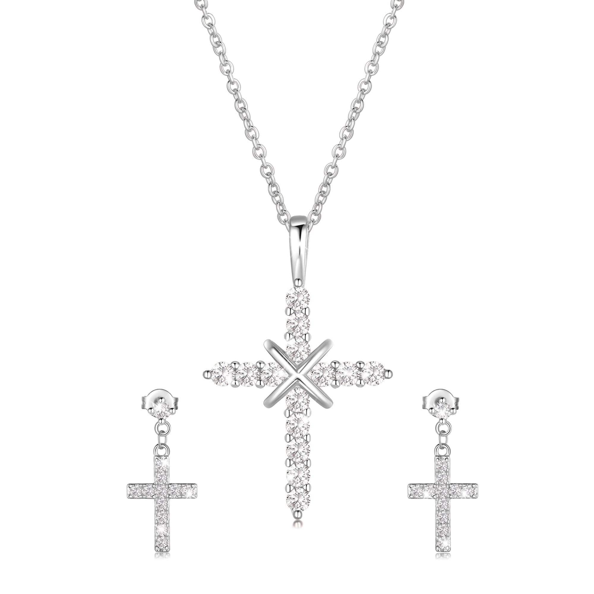 Ydou 14K White Gold Plated Cross Necklace and Earring Set for Women - Cubic Zirconia Faith Jewelry Sets with Cross Pendant Stud Earrings for Women Mom Birthday Aniversary Gift