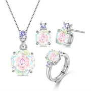 Ydou Rose Jewelry Set - 18K White Gold Plated Rose Cut Cubic Zirconia Flower Necklace/Earrings/Ring Set Anniversary Birthday Jewelry Gift for Women