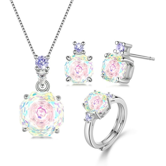 Ydou Rose Jewelry Set - 18K White Gold Plated Rose Cut Cubic Zirconia Flower Necklace/Earrings/Ring Set Anniversary Birthday Jewelry Gift for Women