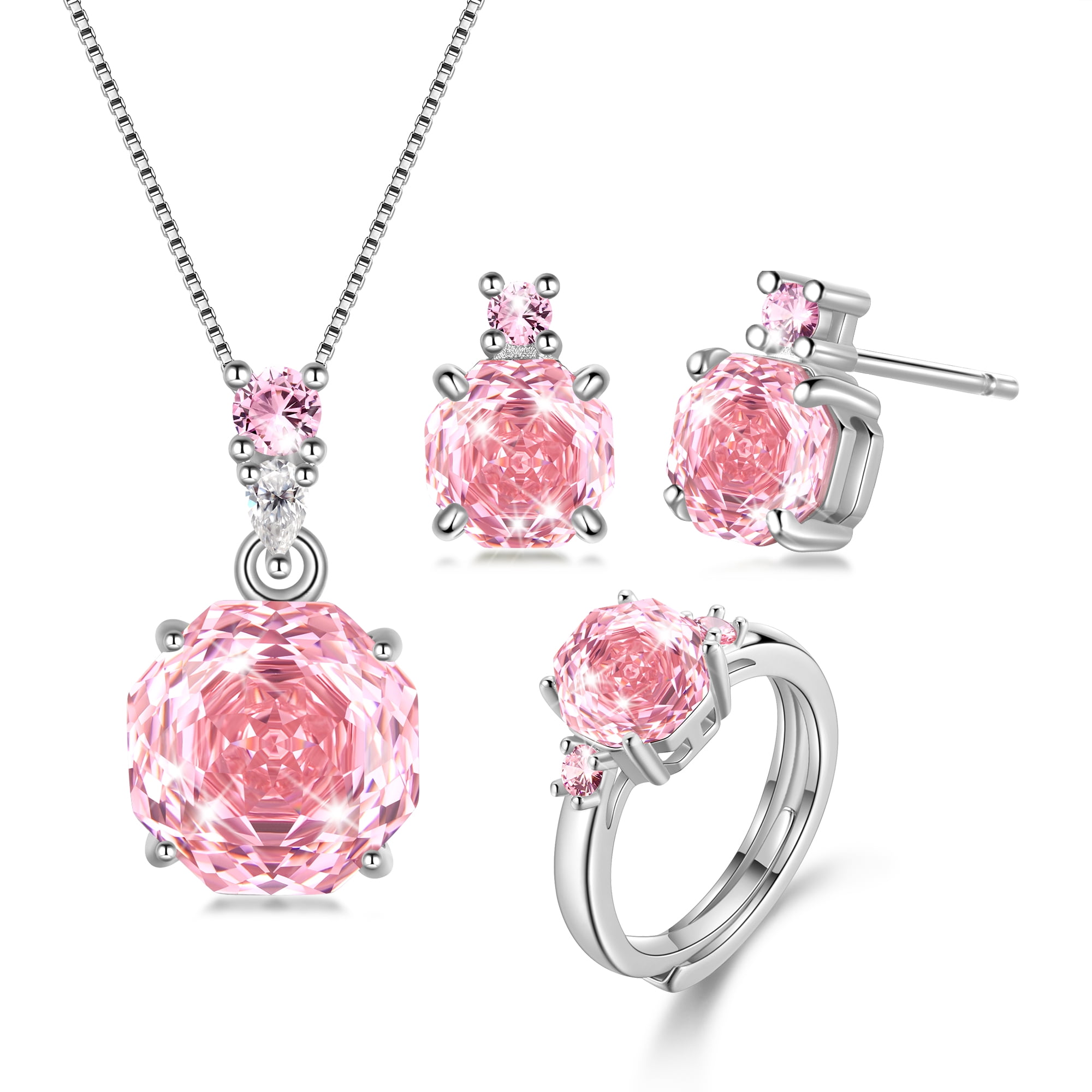 Ydou Rose Jewelry Set - 18K White Gold Plated Rose Cut Cubic Zirconia Flower Necklace/Earrings/Ring Set Anniversary Birthday Jewelry Gift for Women