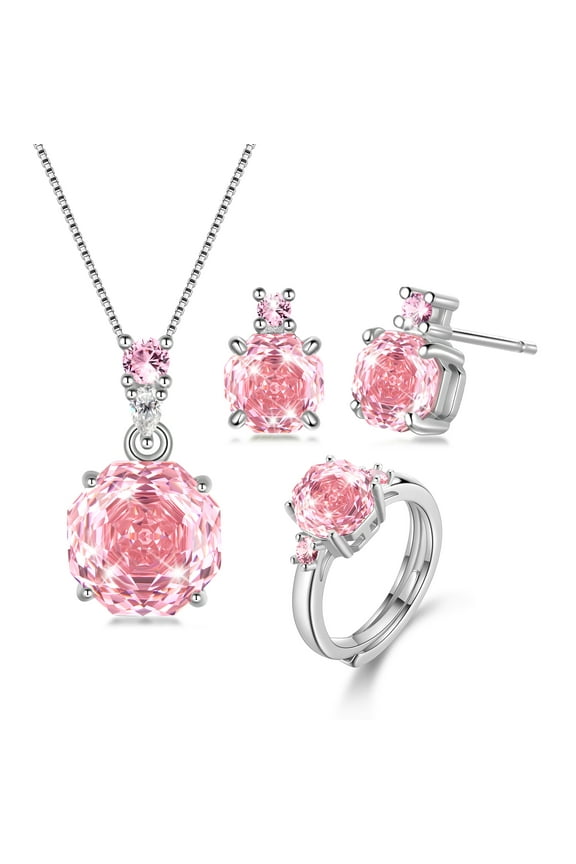 Rose Jewelry Set - 18K White Gold Plated Rose Cut Cubic Zirconia Flower Necklace/Earrings/Ring Set Anniversary Birthday Jewelry Gift for Women
