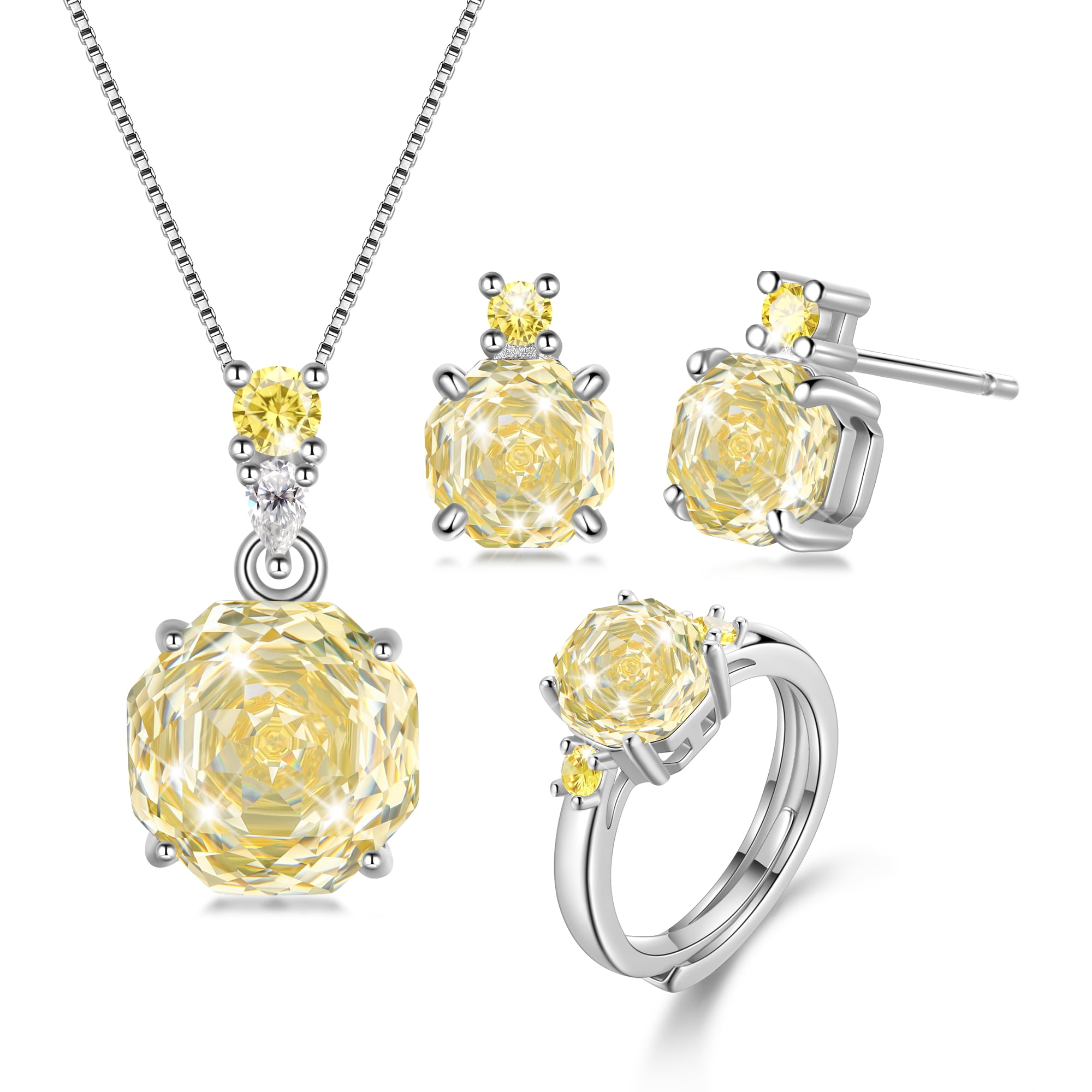 Ydou Rose Jewelry Set - 18K White Gold Plated Rose Cut Cubic Zirconia Flower Necklace/Earrings/Ring Set Anniversary Birthday Jewelry Gift for Women