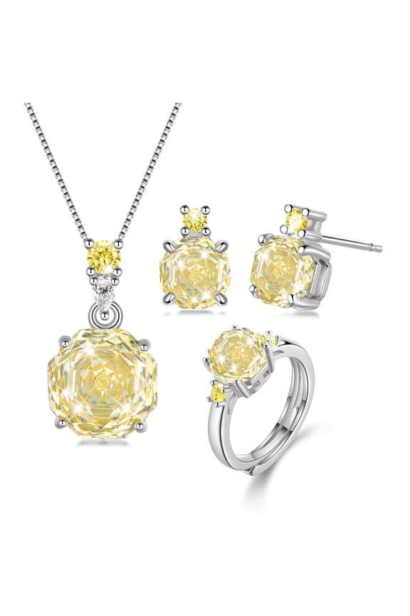 Rose Jewelry Set - 18K White Gold Plated Rose Cut Cubic Zirconia Flower Necklace/Earrings/Ring Set Anniversary Birthday Jewelry Gift for Women