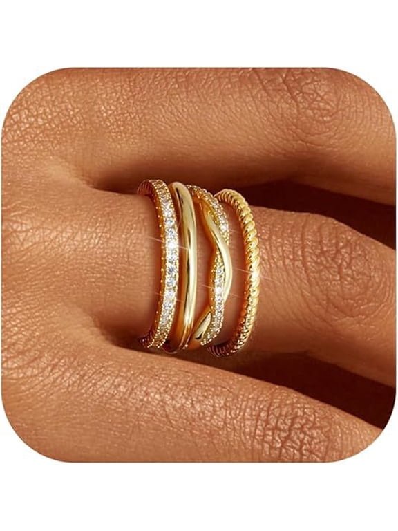 4PCS 18K Gold Plated Stackable Rings for Women, Non Tarnish Fashion CZ Thumb Ring Set, Christmas Jewelry Gifts Teen Mom Girlfriend Stocking Stuffers Size 6/7/8/9/10