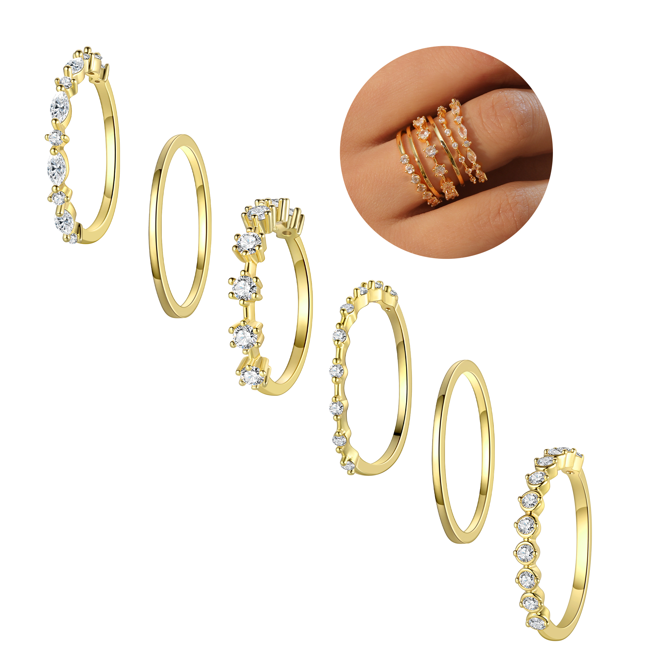Ydou 6PCS 18K Gold Plated Rings for Women, Non Tarnish Fashion CZ Thumb ...