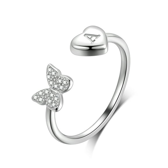 Ydou 925 Sterling Silver Love Heart Initial Rings for Women, Adjustable Open Stackable Initial Rings Dainty Cubic Zirconia Jewelry Gift Letter A