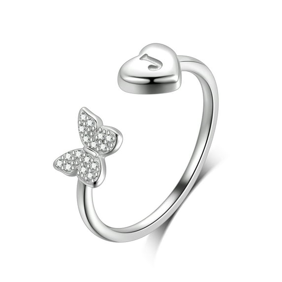Ydou 925 Sterling Silver Love Heart Initial Rings for Women, Adjustable Open Stackable Initial Rings Dainty Cubic Zirconia Jewelry Gift Letter J