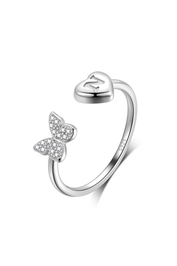 Butterfly Initial Rings for Women, 925 Sterling Silver Adjustable Open Stackable Heart Finger Ring Dainty Cubic Zirconia Jewelry Gift Letter N