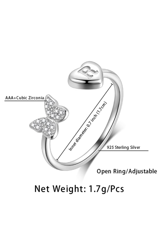 Butterfly Initial Rings for Women, 925 Sterling Silver Adjustable Open Stackable Heart Finger Ring Dainty Cubic Zirconia Jewelry Gift Letter R