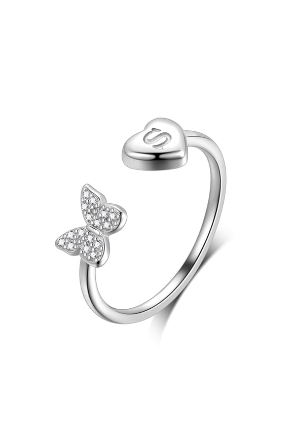 Butterfly Initial Rings for Women, 925 Sterling Silver Adjustable Open Stackable Heart Finger Ring Dainty Cubic Zirconia Jewelry Gift Letter S
