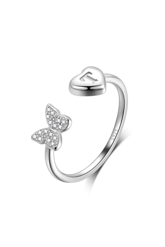 Butterfly Initial Rings for Women, 925 Sterling Silver Adjustable Open Stackable Heart Finger Ring Dainty Cubic Zirconia Jewelry Gift Letter T