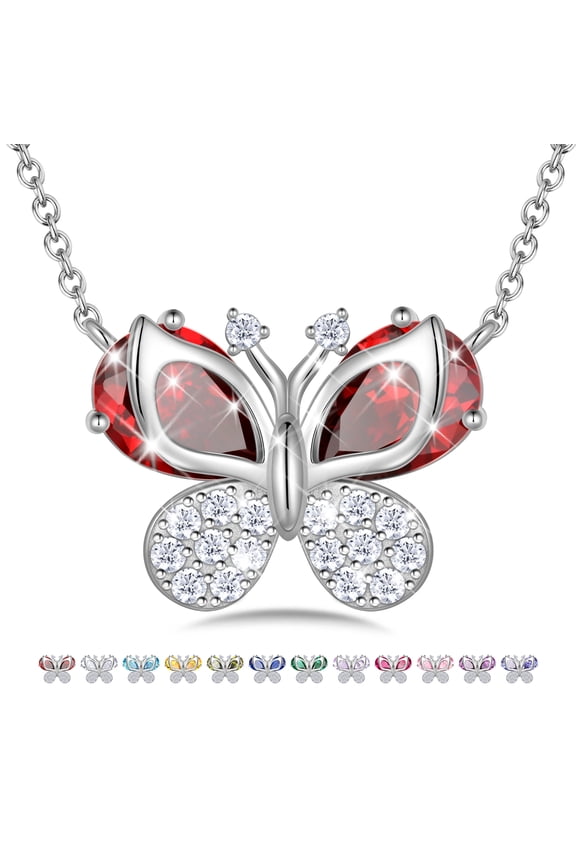 Butterfly Necklace for Women,925 Sterling Silver January Birthstone Necklace Garnet Red Necklace Valentines Mother's Day Gift for Wife Mom