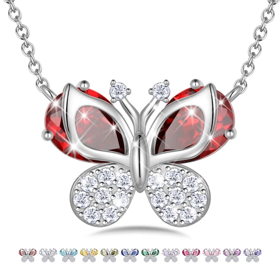 Ydou Butterfly Necklace for Women,925 Sterling Silver January Birthstone Necklace Garnet Red Necklace Valentines Mother's Day Gift for Wife Mom