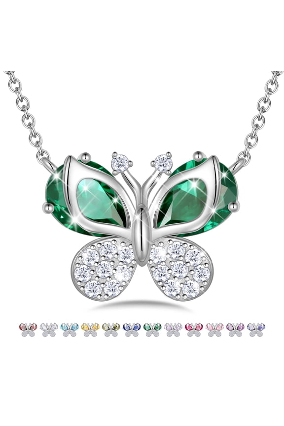 Butterfly Necklace for Women,925 Sterling Silver May Birthstone Emerald Green Necklace Christmas Birthday Mother's Day Gift for Mom Wife