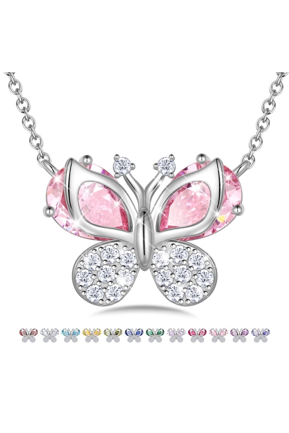 Butterfly Necklace for Women,925 Sterling Silver October Birthstone Tourmaline Pink Necklace Christmas Birthday Mother's Day Gift for Mom Wife