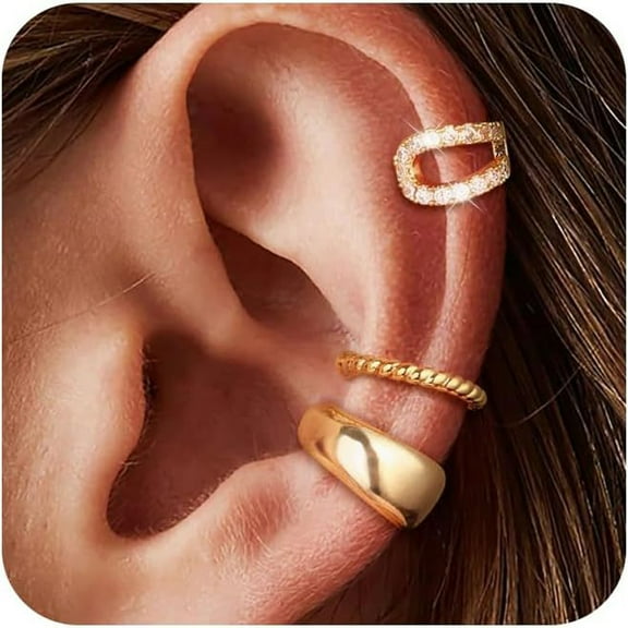 Ydou Cuffs Earrings for Women Non Pierced Earrings, Clip on Cartilage Earrings Dainty 14K Gold Plated Cubic Zirconia Huggie Hoop Earring for Women Trendy Jewelry Set 3pcs