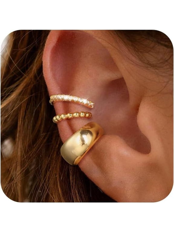 Cuffs Earrings for Women Non Pierced Earrings, Clip on Cartilage Earrings Dainty 14K Gold Plated Cubic Zirconia Huggie Hoop Earring for Women Trendy Jewelry Set 3pcs