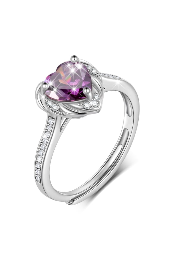 Love Heart Rings for Women, 925 Sterling Silver February Birthstone Ring with Purple Amethyst Promise Birthday Christmas Mother's Day Gift for Mom Wife