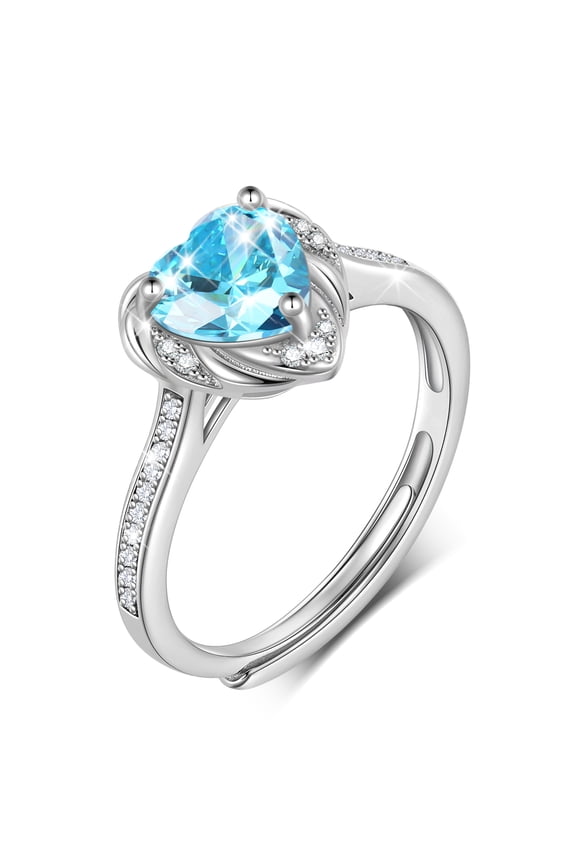 Love Heart Rings for Women, 925 Sterling Silver March Birthstone Ring with Blue Aquamarine Promise Birthday Christmas Mother's Day Gift for Mom Wife