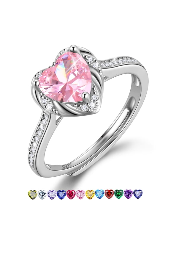 Love Heart Rings for Women, 925 Sterling Silver October Birthstone Ring with Pink Tourmaline Promise Birthday Christmas Mother's Day Gift for Mom Wife