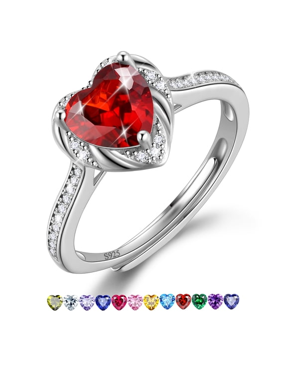 Love Heart Rings for Women, 925 Sterling Silver January Birthstone Ring with Red Garnet Eternity Promise Band Wedding Birthday Jewelry Gifts Mom