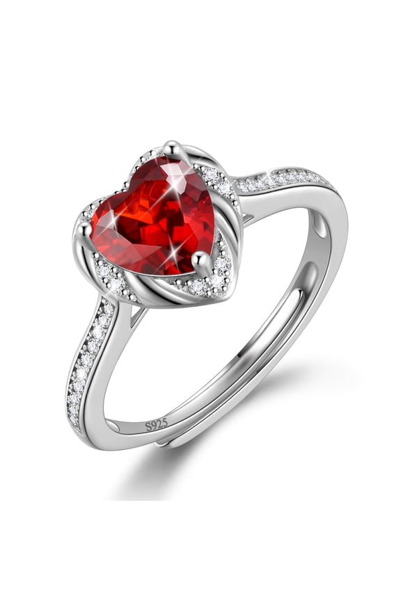 Love Heart Rings for Women, 925 Sterling Silver January Birthstone Ring with Red Garnet Eternity Promise Band Wedding Birthday Jewelry Gifts Mom