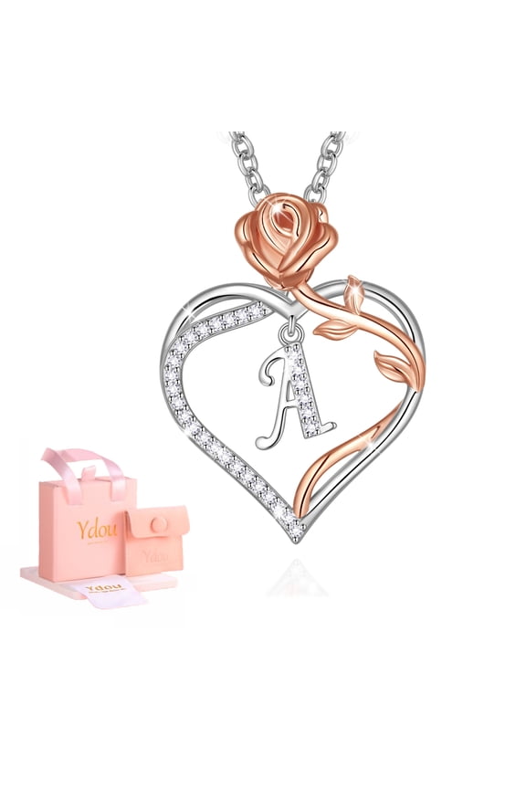Rose Heart Initial Necklace for Women, 14K White Gold Plated Love Heart Letters with Rose Flower Pendant Necklace for Women