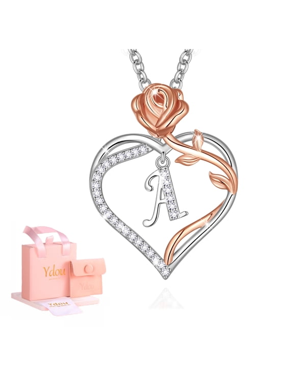 Rose Heart Initial Necklace for Women, 14K White Gold Plated Love Heart Letters with Rose Flower Pendant Necklace for Women