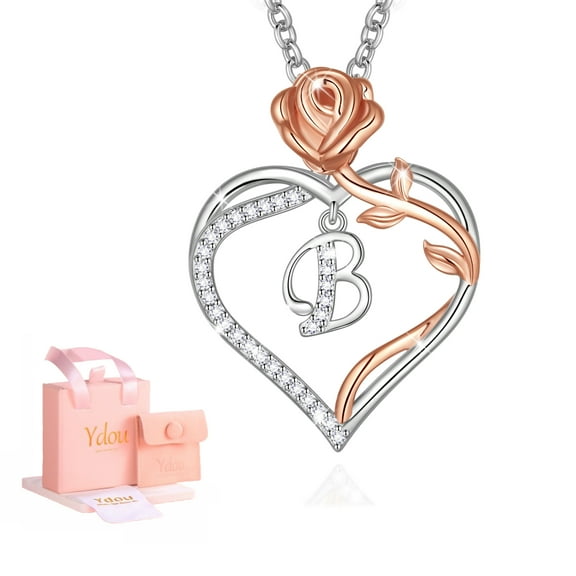 Ydou Rose Heart Initial Necklace for Women, 14K White Gold Plated Love Heart Letters with Rose Flower Pendant Necklace for Women